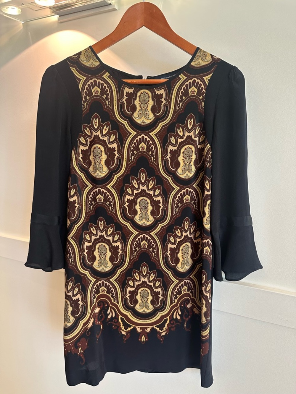 French Connection Black Dress with Burgundy & Gold Paisley Print